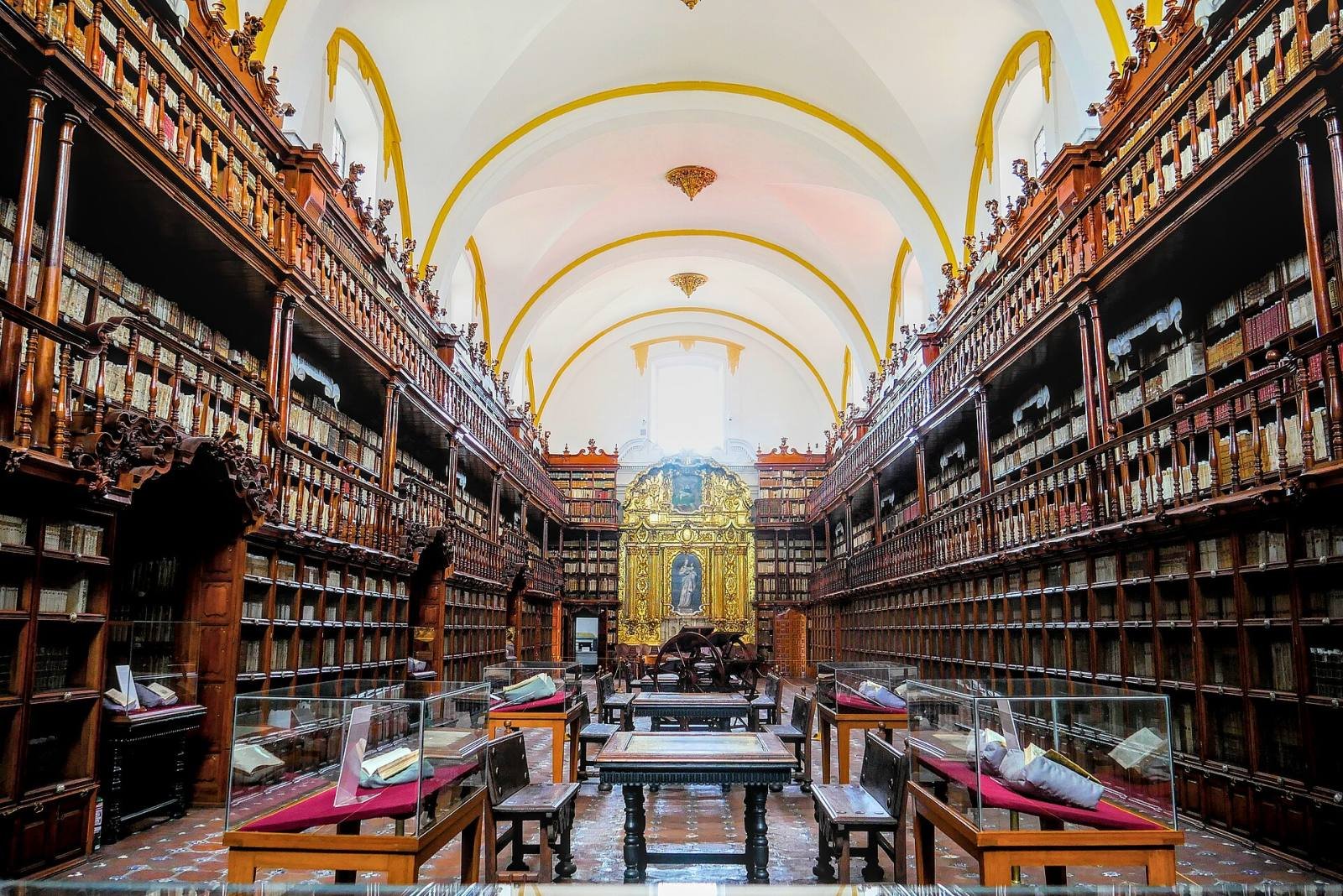 Old books on carved wooden shelves under the vaulted ceiling of the Biblioteca Palafoxiana