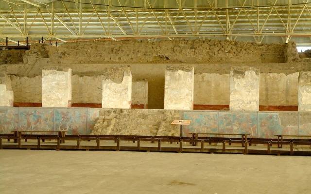 The ruins of Cacaxtla under the great roof that protects the site