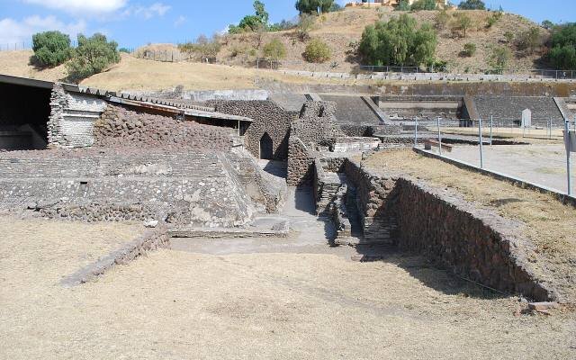 Excavated stone platforms and stairways at the foot of the Great Pyramid of Cholula